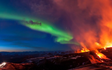 Aurora Lights Over Lava Volcano