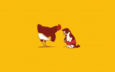 Chicken And Cat in Pants Yellow Background