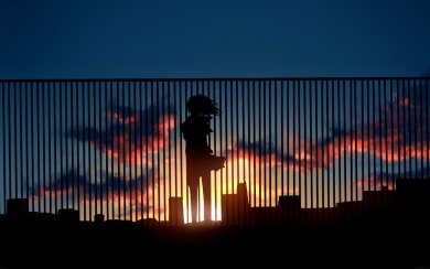 Silhouette Girl Looking Across Sunset On City