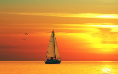 Sunset Over Sea and Lonely Boat