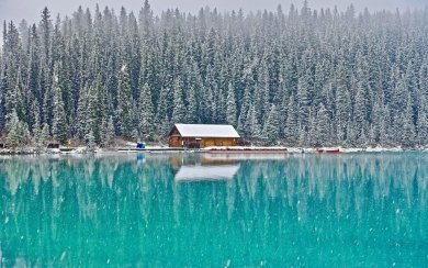 Winter Lakehouse in Forest