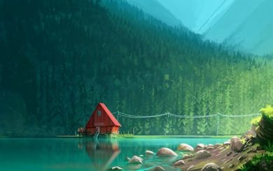 Small Lakeside Cabin By The Mountains HDQ iPhone Wallpapers