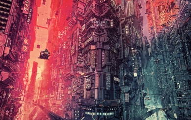 Cyberpunk City with Spaceships HD Wallpaper
