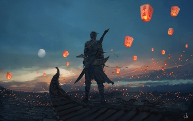 Moonlit Fantasy Art HD Wallpaper - Man Holding Sword on Rooftops