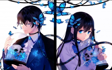 Anime Couple Romance with Butterflies and Skull, Shoujo Style - Cute HD Wallpaper