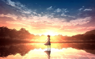 Anime Landscape at Sunset with Reflection HD Wallpaper for macbook
