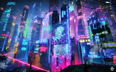Colorful Neon City in Cyberpunk Style HD Wallpaper for PC