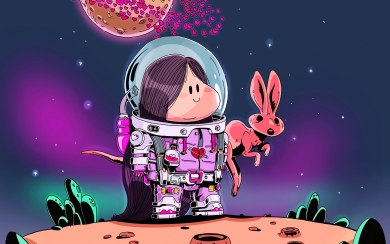 Cute Astronaut Little Girl with Kangaroo HD Wallpaper