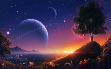 Ethereal Landscape of Planets and Stars in Space HD Wallpaper