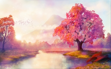 Fairy Land HD Wallpaper A Magical Digital Artwork Featuring a Tree and River