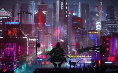 Futuristic City with Man and Cyberpunk Cat HD Wallpaper