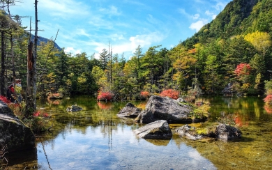 Japanese Autumn: A Serene View of the Mountains, Forest, and Lake - HD Wallpaper"