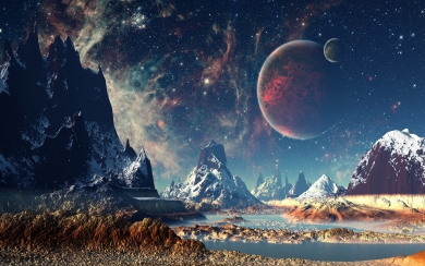 Mountains Stars Space and Planets in Digital Art HD Wallpaper