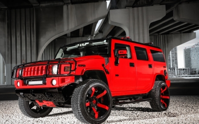 Red Hummer H2 with Red-Black Wheels American SUV HD Wallpaper for iPhone 14 Pro Max