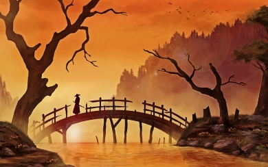 Samurai Bridge Digital Art HD Wallpaper