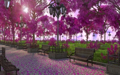 Serene 3D Park Bench Artwork with Blossom Trees and Lamps HD Wallpaper