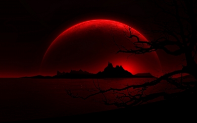 Silhouette of Mountains and Moon Red Landscape HD Wallpaper