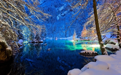 Winter Night at a Swiss Lake Wallpaper