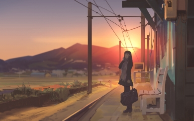 Anime Girl Watching Sunset at Train Station HD Wallpaper