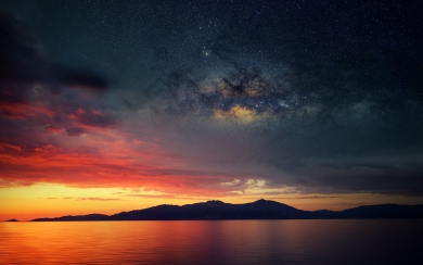 Galaxy Blended Landscape Mountains Sunset HD Wallpaper