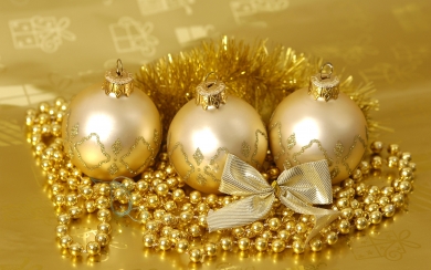 Golden Christmas Balls and Bow HD Wallpaper