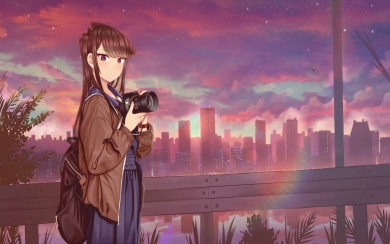 Komi Can't Communicate City Sunset with Long Hair and Purple Eyes HD Wallpaper
