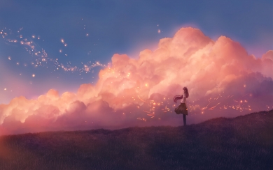 Magical Anime Landscape HD Wallpaper with Scenic Clouds and a Girl