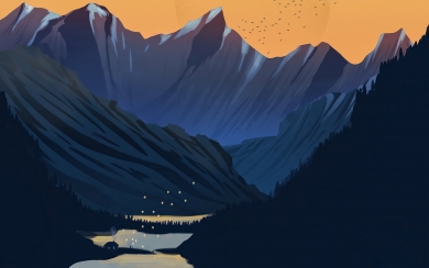 Minimalist Mountains Moon Lake and Birds Digital Art HD Wallpaper