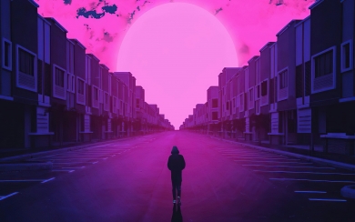 Vaporwave Man Walking Between Buildings on Road HD Wallpaper
