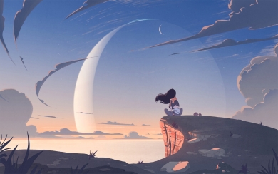 Anime Girl Alone at Mountain Cliff Serene Artwork HD Wallpaper