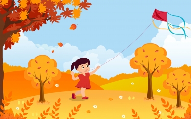 Autumn Cute Girl with Kite Adorable Illustration Design in HD Wallpaper