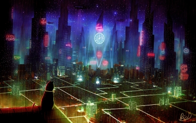 Explore a Neon Cyberpunk City with HD Wallpaper featuring Cats and Rain