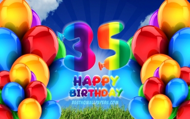 Happy 35th Birthday Celebration Colorful Balloons in a Cloudy Sky HD Wallpaper
