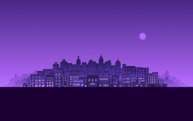Purple Moon Stars Buildings City Minimal HD Wallpaper