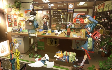 Anime Room A Cozy Post Office Scene with Charming Characters HD Wallpaper
