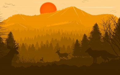 Mountain Forest at Sunset Minimalistic Beauty with Red Sun and Wildlife HD Wallpaper