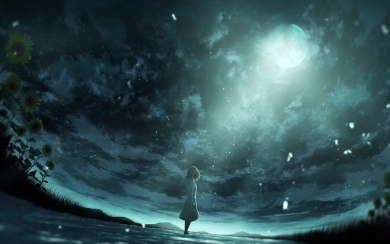 Anime Original Moonlit Sunflower HD Wallpaper