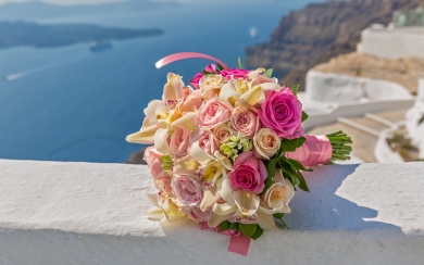 Bridal Elegance Orange Rose Wedding Bouquet Santorini Greece HD Wallpaper