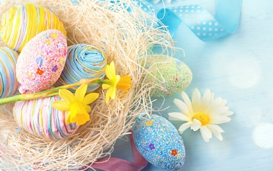 Easter Delight Vibrant Flowers and Easter Eggs HD Wallpaper