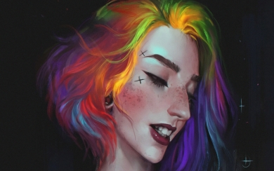 Vibrant Rainbow Haired Girl Portrait HD Wallpaper