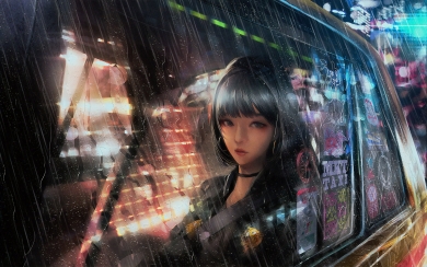 Solitude in the Rain Anime Girl in Taxi HD 4K 10K 15K 20K Wallpaper