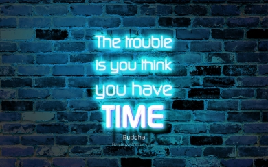 Timeless Buddha Quotes HD Wallpaper Inspiring Neon Text on Blue Brick Wall
